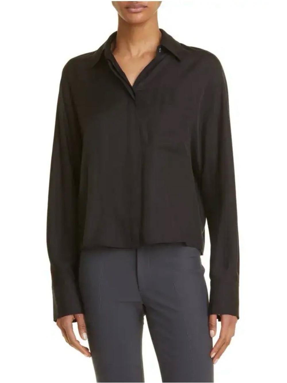 Vince Silk Blend Woven Shirt Blouse Medium Black Button Down Minimal Work Chic